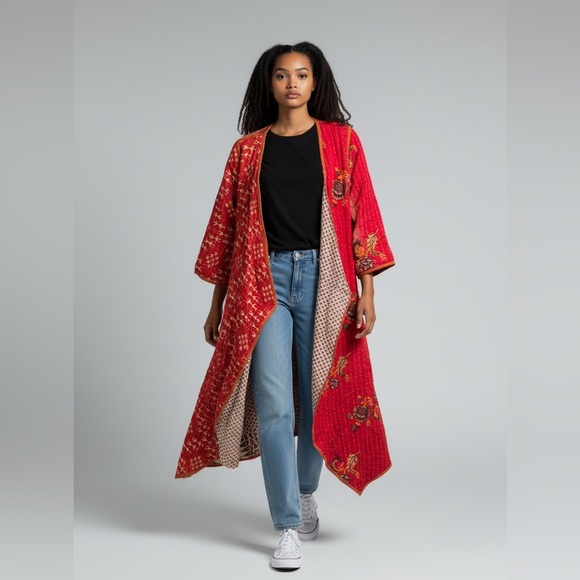 132 KANTHA Fitted Long 3/4 Sleeve Cardigan Reversible Handmade one of a kind 🌸 - Picture 5 of 11